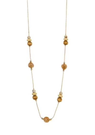 Two Tone Long Illusion Necklace with Multi Natural Bead Stations