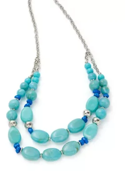 Silver Tone Turquoise 2 Row Beaded Frontal Necklace