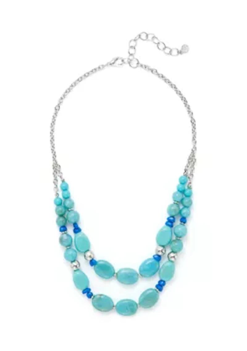 Silver Tone Turquoise 2 Row Beaded Frontal Necklace