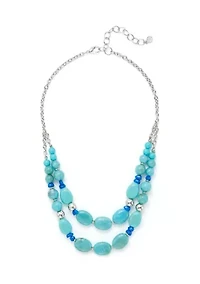 Silver Tone Turquoise 2 Row Beaded Frontal Necklace