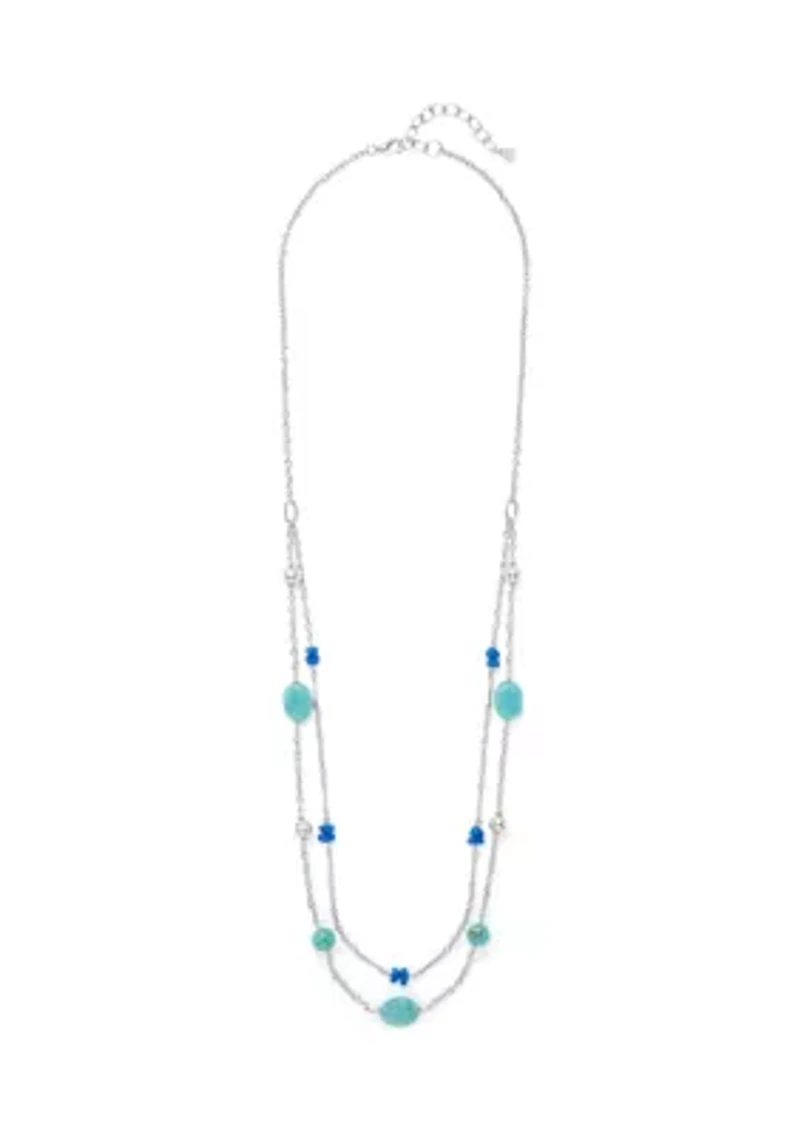 Silver Tone Turquoise Long 2 Row Illusion Necklace