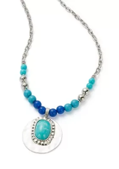 Silver Tone Turquoise Bead Pendant Necklace
