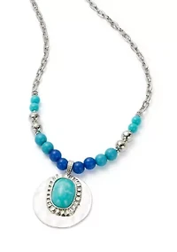 Silver Tone Turquoise Bead Pendant Necklace