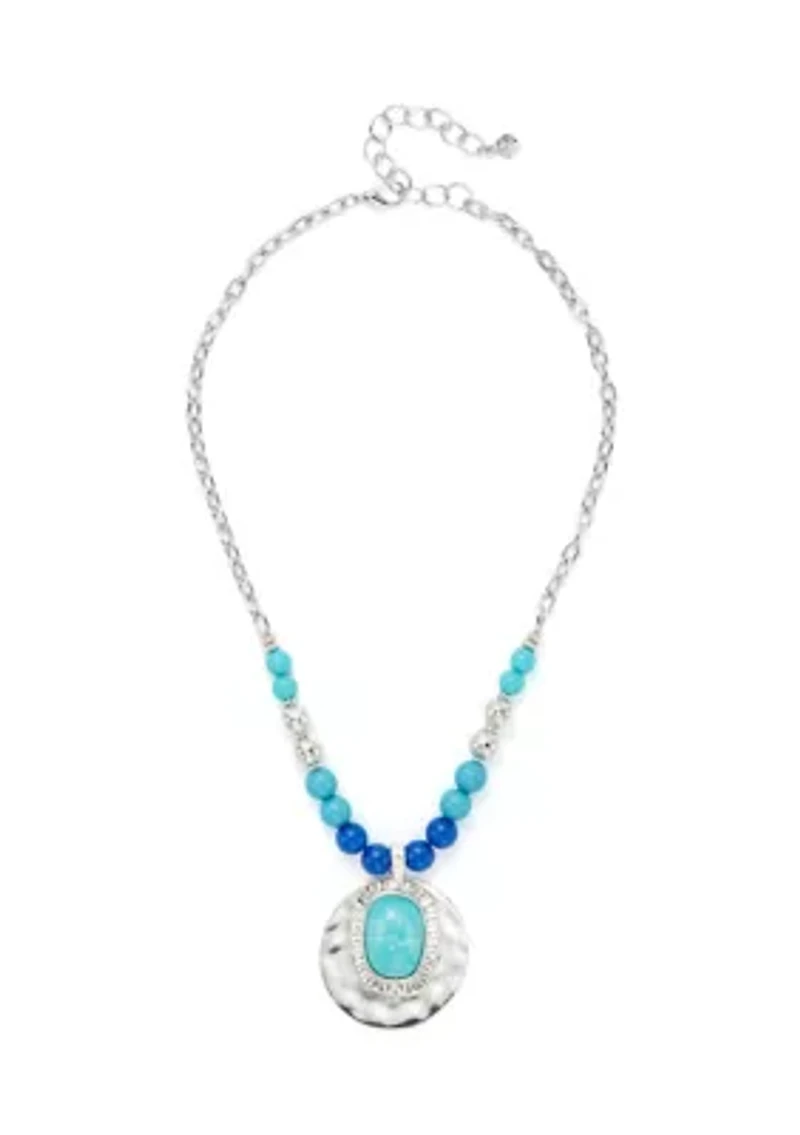 Silver Tone Turquoise Bead Pendant Necklace