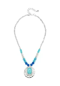 Silver Tone Turquoise Bead Pendant Necklace
