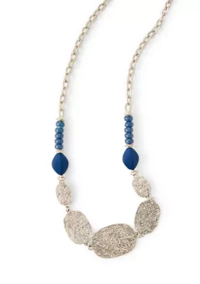 Silver-Tone Etched Oval Disc and Blue Bead Frontal Necklace