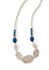 Silver-Tone Etched Oval Disc and Blue Bead Frontal Necklace