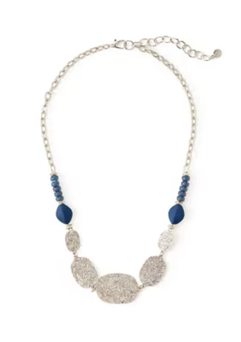 Silver-Tone Etched Oval Disc and Blue Bead Frontal Necklace