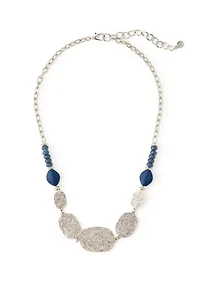 Silver-Tone Etched Oval Disc and Blue Bead Frontal Necklace