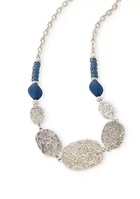 Silver-Tone Etched Oval Disc and Blue Bead Frontal Necklace