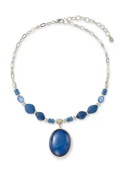 Silver Tone Frontal Blue Beaded Necklace with Blue Pendant Drop