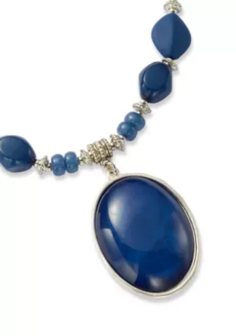 Silver Tone Frontal Blue Beaded Necklace with Blue Pendant Drop