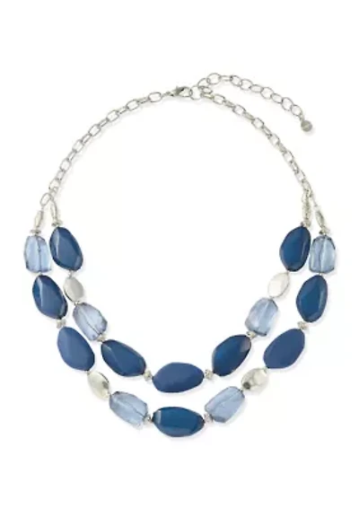 Multi Blue Nugget Silver Tone Bead Frontal Necklace
