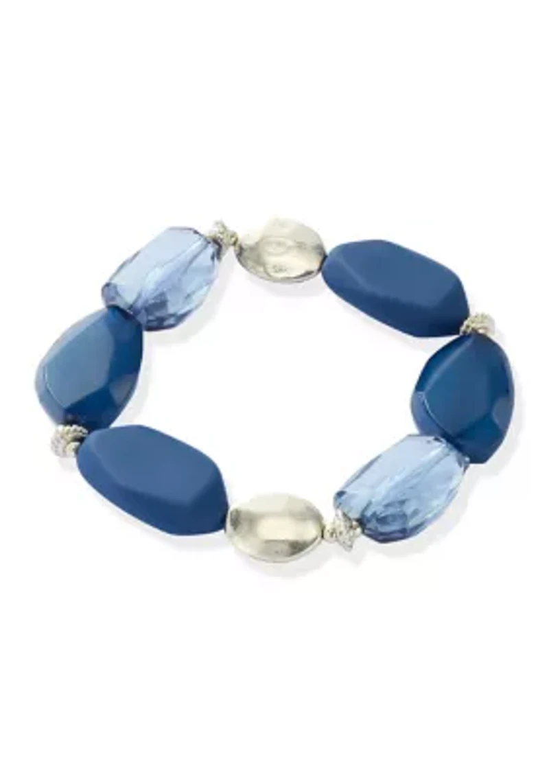 Multi Blue Nugget Bead Silver Tone Stretch Bracelet