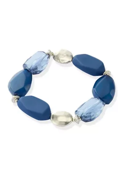 Multi Blue Nugget Bead Silver Tone Stretch Bracelet