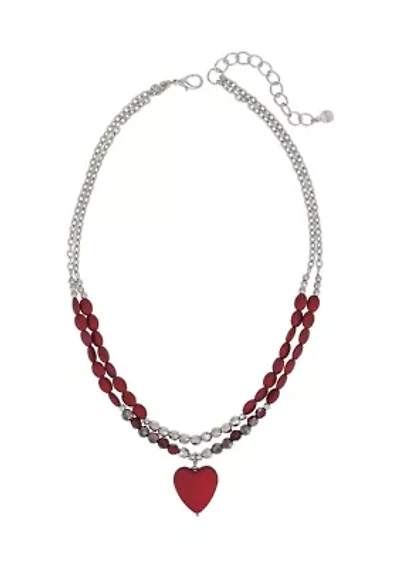 Multi Row Red Heart Pendant Beaded Necklace