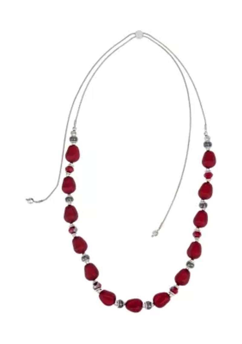 Long Red and Hematite Beaded Necklace 