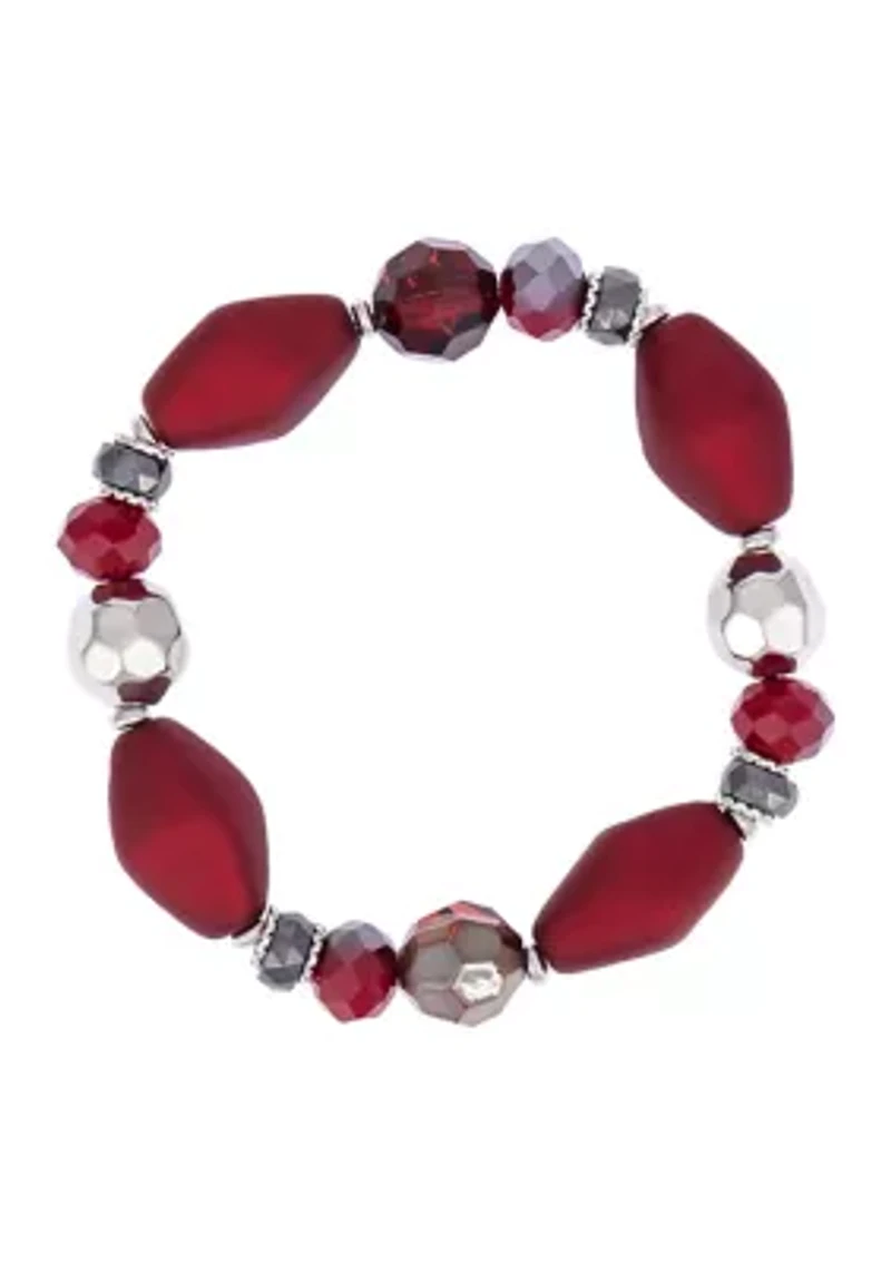 Red Beaded Silver Tone Stretch Bracelet