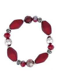 Red Beaded Silver Tone Stretch Bracelet