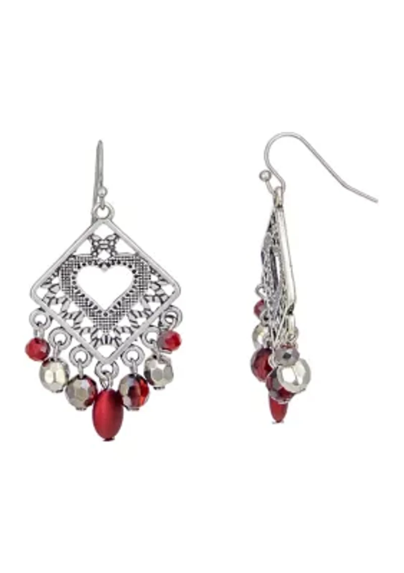 Diamond Shaped Filigree Disc Red Beaded Earrings