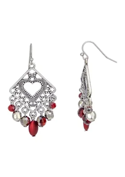 Diamond Shaped Filigree Disc Red Beaded Earrings 