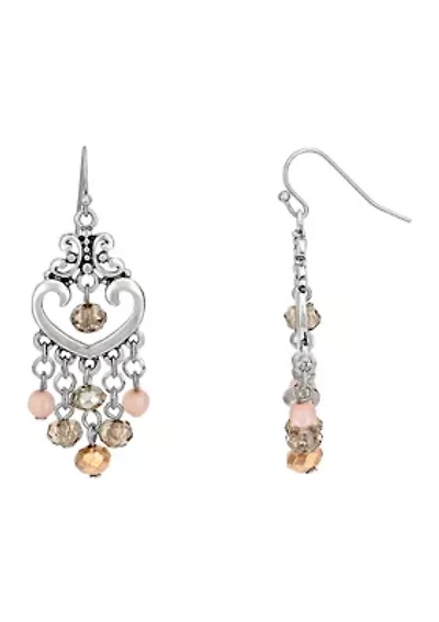 Open Filigree Heart Shaped Beaded Fringe Earrings