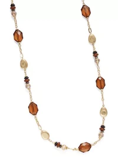 Two Tone 36'' + 3" Extender Long Linked Necklace with Brown Bead Stations