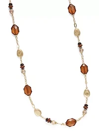 Two Tone 36'' + 3" Extender Long Linked Necklace with Brown Bead Stations