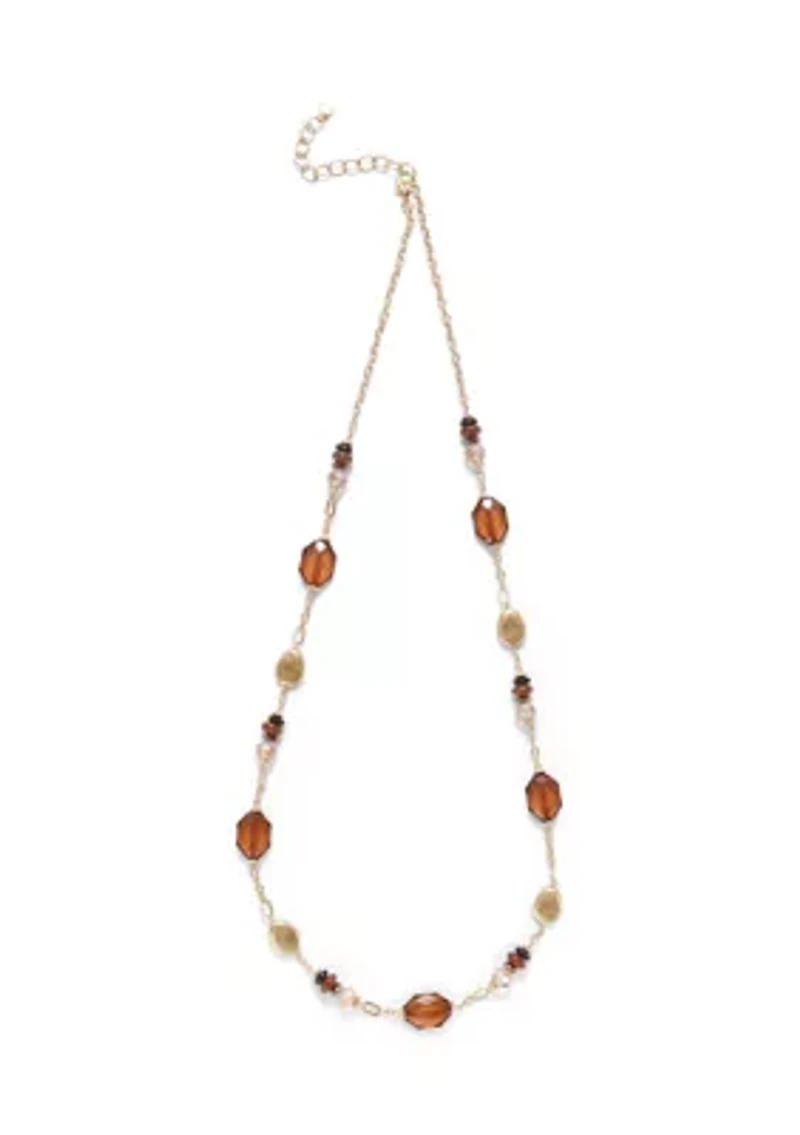 Two Tone 36'' + 3" Extender Long Linked Necklace with Brown Bead Stations