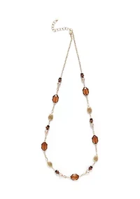 Two Tone 36'' + 3" Extender Long Linked Necklace with Brown Bead Stations