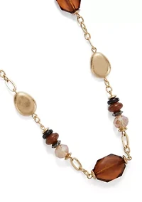 Two Tone 36'' + 3" Extender Long Linked Necklace with Brown Bead Stations