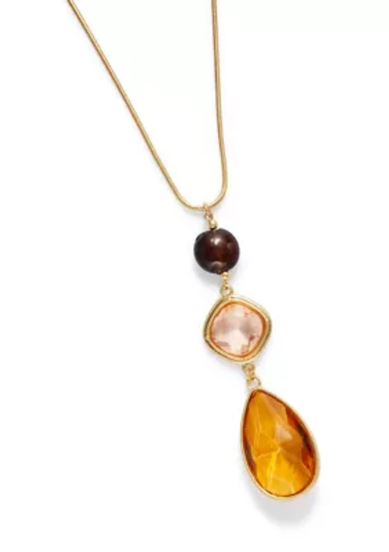 Gold Tone 32'' + 3'' Extender Long Multi Brown Triple Bead Pendant