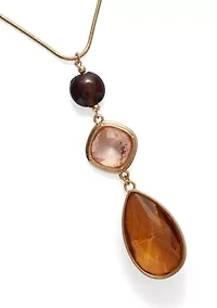 Gold Tone 32'' + 3'' Extender Long Multi Brown Triple Bead Pendant