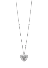 Long Chain Necklace with Bead Accent and Textured Heart Pendant