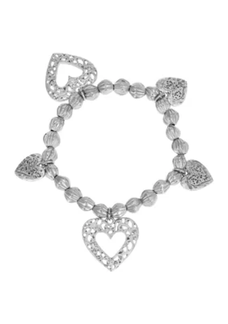 Heart Charm Textured Bead Stretch Bracelet