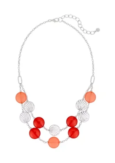 Silver-Tone Short 2-Row Layered Round Coral Bead and Cutout Disc Frontal Necklace with Chain Back 