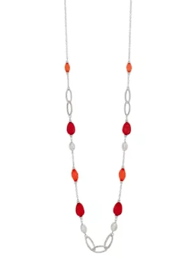 Silver-Tone Long Linked Necklace with Coral Bead Stations 