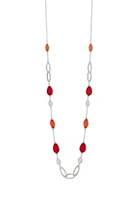 Silver-Tone Long Linked Necklace with Coral Bead Stations 