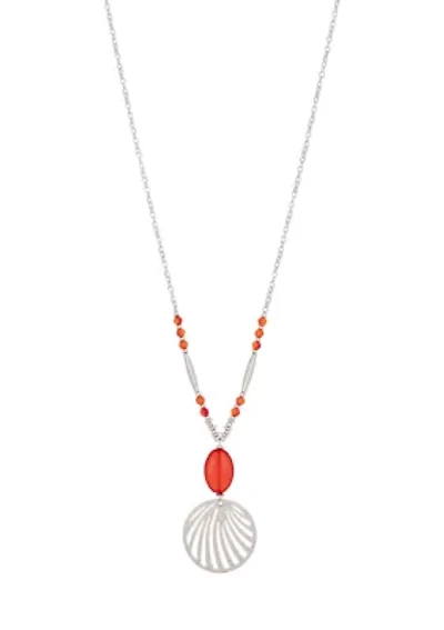 Silver-Tone Long Bead Accented Chain Necklace with Coral/Stone Cutout Metal Disc Double Drop Pendant