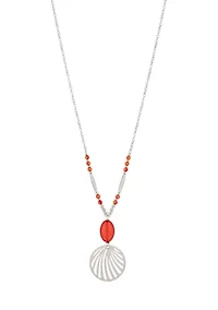 Silver-Tone Long Bead Accented Chain Necklace with Coral/Stone Cutout Metal Disc Double Drop Pendant