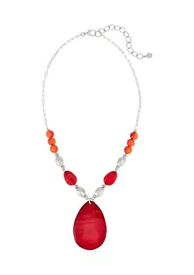 Silver-Tone Short Coral Shell Teardrop Pendant Necklace