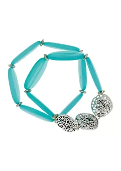 Filigree Starfish Pendant Aqua Beaded Stretch Bracelet Set 