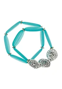 Filigree Starfish Pendant Aqua Beaded Stretch Bracelet Set 