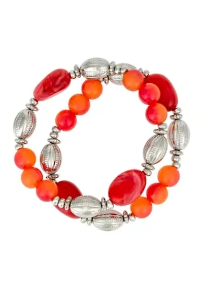 Silver-Tone 2-Row Coral Multi-Beaded Stretch Braceket with Textured Metal Bead Stations
