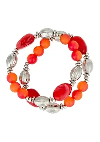 Silver-Tone 2-Row Coral Multi-Beaded Stretch Braceket with Textured Metal Bead Stations