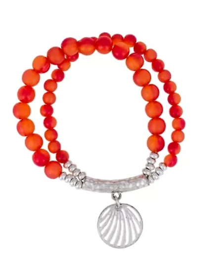 Silver-Tone 2-Row Multi Coral Beaded Stretch Bracelet with Cutout Drop