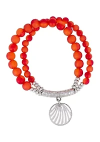 Silver-Tone 2-Row Multi Coral Beaded Stretch Bracelet with Cutout Drop