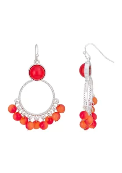 Silver-Tone Open Ring Earrings with Coral Center Stone and Multi-Coral Bead Fringe on Fish Hook 