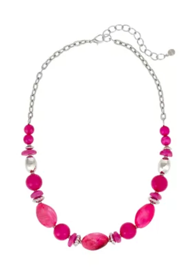 Silver-Tone Fuchsia Bead Frontal Necklace with Chain Back
