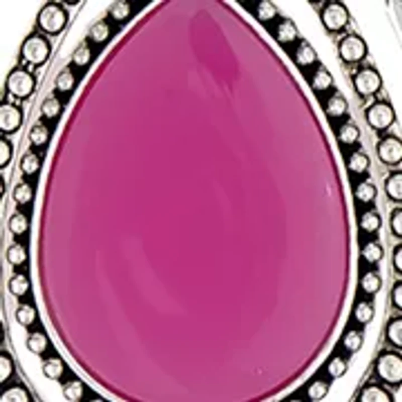 Silver-Tone Short Orbital Fuchsia Teardrop Pendant Necklace 